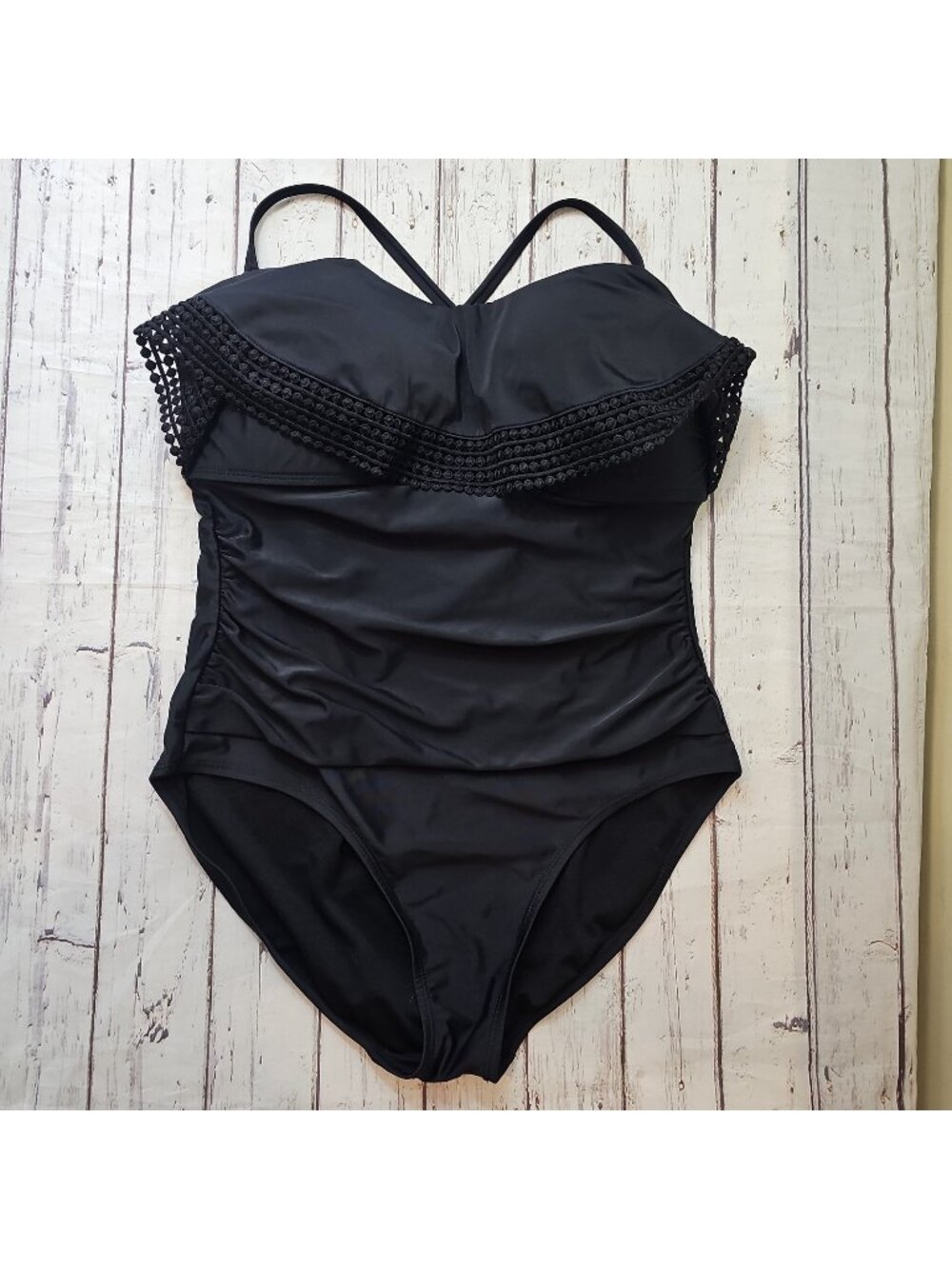 KONA SOL One Piece Swimsuit Bathing Suit Black Bandeau Top Crochet Ruffle L